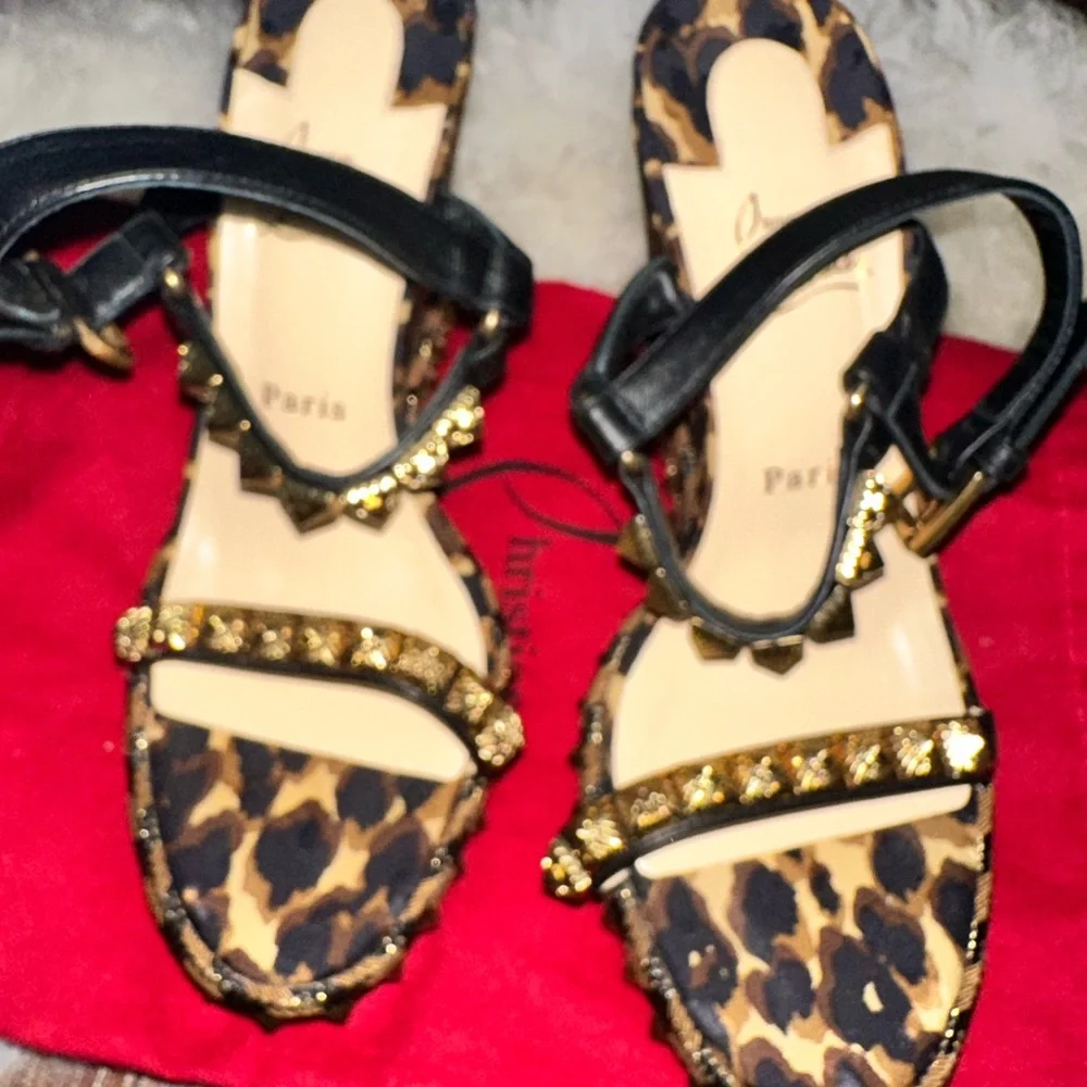 Christian Louboutin Black & Leopard Studded Wedge Sandals